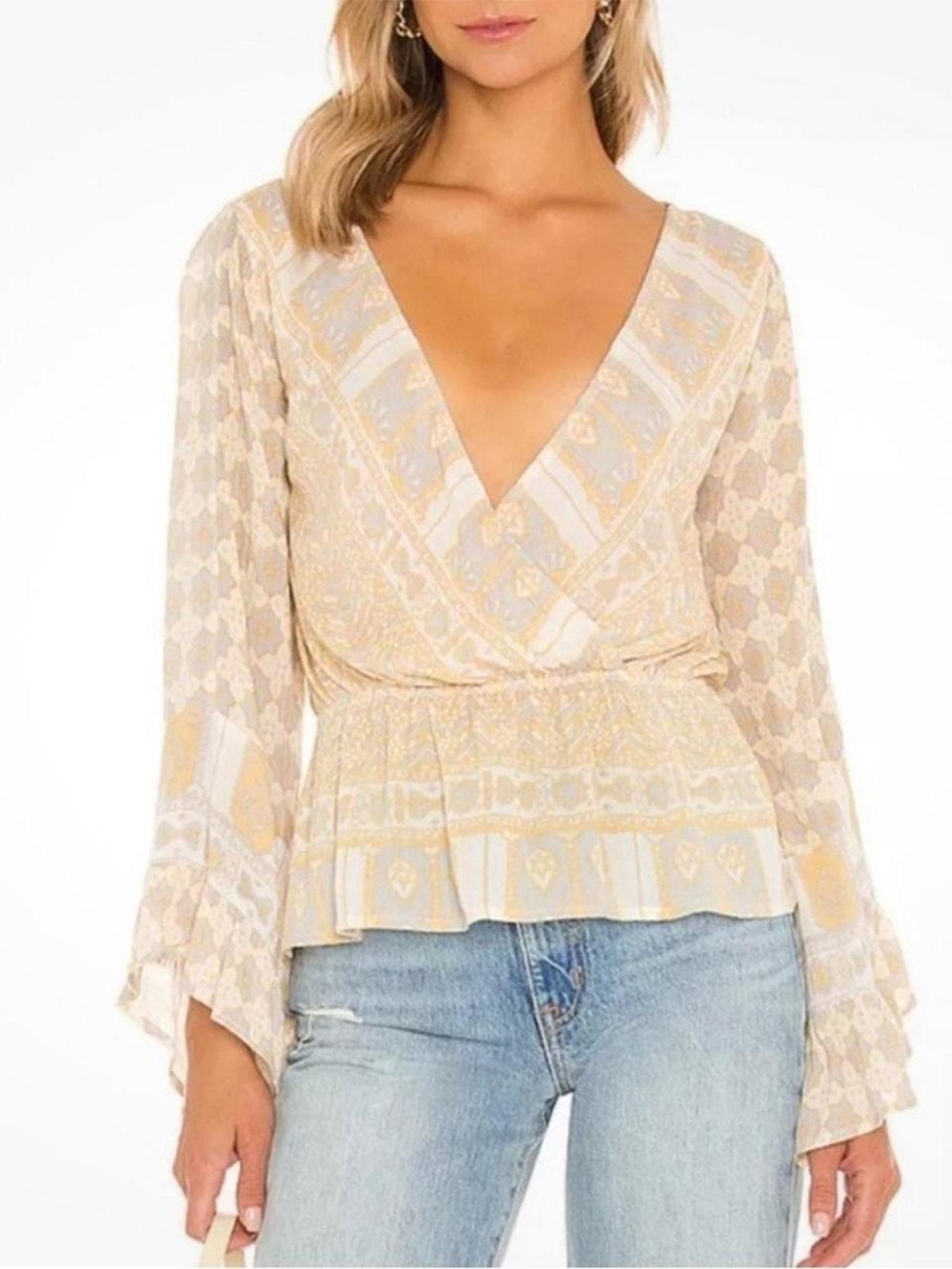 Free People size XS Rosalie Bell sleeve faux wrap Women's V-Neck Peasant Blouse